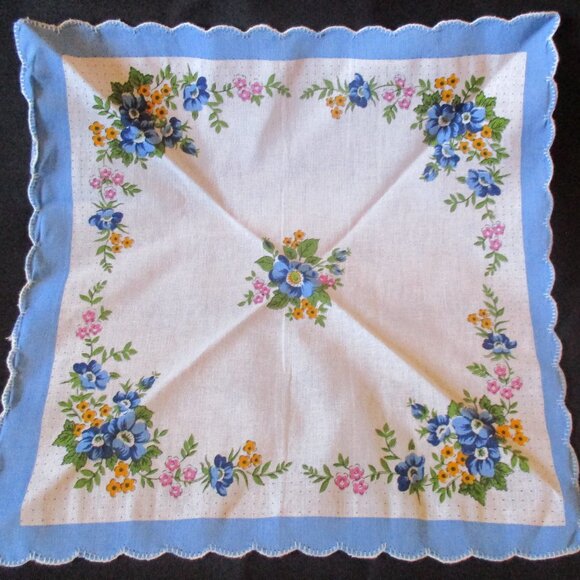 Vtg 11" Blue, Yellow, Pink & Green Floral Accent Handkerchief w/Blue Border - Picture 1 of 2